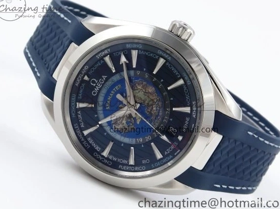 0226 Aqua Terra GMT Worldtimer 43mm VSF 1:1 Best Edition Deep Blue Dial on Blue Rubber Strap A8938 Super Clone QuickDry 7721